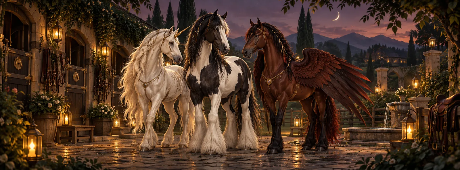 Three fantasy horses—a white unicorn, a black-and-white pinto, and a winged bay—standing in a lantern-lit stable courtyard at dusk